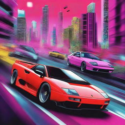 This high-quality digital art image portrays a heart-racing street race between a Lamborghini Countach and a Nissan Skyline R34 in Japan