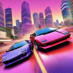 This high-quality digital art image portrays a heart-racing street race between a Lamborghini Countach and a Nissan Skyline R34 in Japan