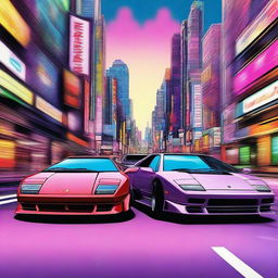 This high-quality digital art image portrays a heart-racing street race between a Lamborghini Countach and a Nissan Skyline R34 in Japan