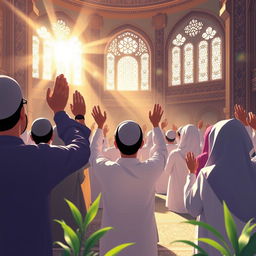 A serene and uplifting scene illustrating the concept of prayer in a beautiful mosque