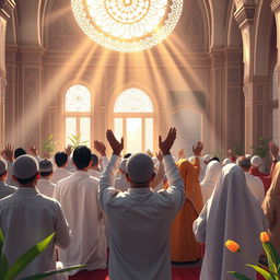 A serene and uplifting scene illustrating the concept of prayer in a beautiful mosque