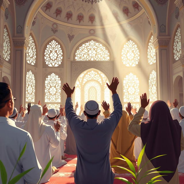 A serene and uplifting scene illustrating the concept of prayer in a beautiful mosque