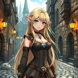An anime-style elf woman with long, flowing blonde hair and mesmerizing blue diamond-shaped eyes