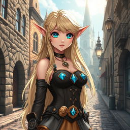 An anime-style elf woman with long, flowing blonde hair and mesmerizing blue diamond-shaped eyes