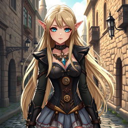 An anime-style elf woman with long, flowing blonde hair and mesmerizing blue diamond-shaped eyes