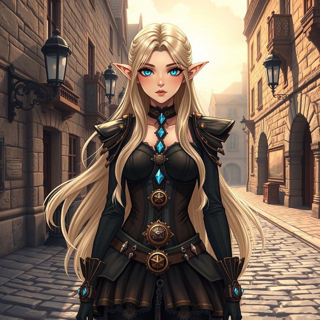 An anime-style elf woman with long, flowing blonde hair and mesmerizing blue diamond-shaped eyes