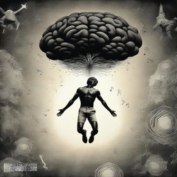 This digital art album cover features a black man leaping off a brain, symbolizing a journey into his own thoughts