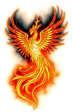 A stunning tattoo design featuring a majestic Phoenix constructed from intricate tendrils, with radiant golden light emanating through its form