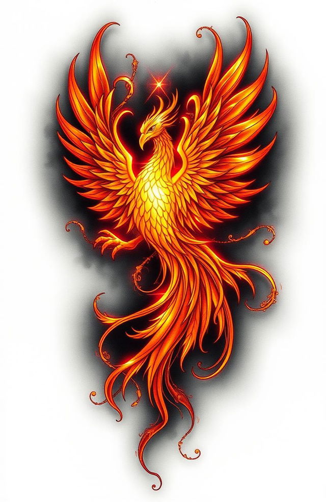 A stunning tattoo design featuring a majestic Phoenix constructed from intricate tendrils, with radiant golden light emanating through its form