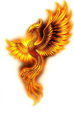 A stunning tattoo design featuring a majestic Phoenix constructed from intricate tendrils, with radiant golden light emanating through its form