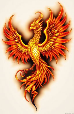 A stunning tattoo design featuring a majestic Phoenix constructed from intricate tendrils, with radiant golden light emanating through its form