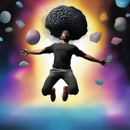 A digital art album cover depicts a black man dynamically jumping off his own brain, set within the space of his opened head