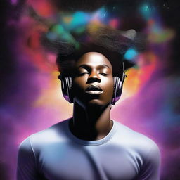 A digital art album cover depicts a black man dynamically jumping off his own brain, set within the space of his opened head