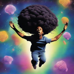 A digital art album cover depicts a black man dynamically jumping off his own brain, set within the space of his opened head