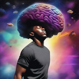 A digital art album cover depicts a black man dynamically jumping off his own brain, set within the space of his opened head