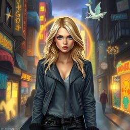 An urban fantasy scene featuring a beautiful 30-year-old blonde woman with striking blue eyes and a golden aura surrounding her