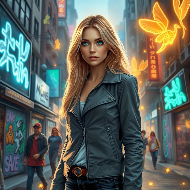 An urban fantasy scene featuring a beautiful 30-year-old blonde woman with striking blue eyes and a golden aura surrounding her