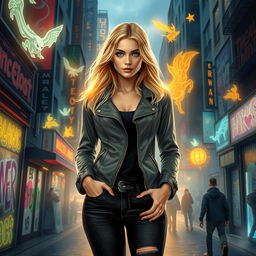 An urban fantasy scene featuring a beautiful 30-year-old blonde woman with striking blue eyes and a golden aura surrounding her