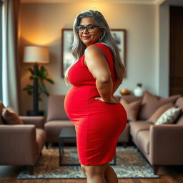 A plus-size dusky Indian mature woman, 50 years old, with long grey hair and glasses, embodying sensuality and voluptuousness