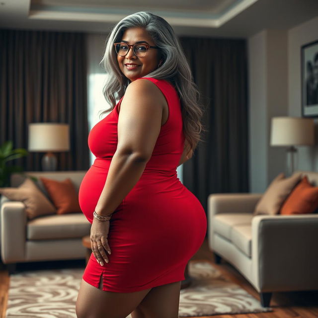 A plus-size dusky Indian mature woman, 50 years old, with long grey hair and glasses, embodying sensuality and voluptuousness