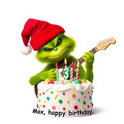 A grumpy Grinch with a green furry body, wearing a red Santa hat, is playing an electric guitar with a focused expression