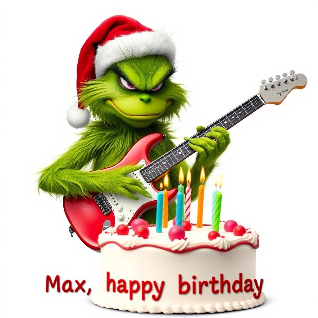 A grumpy Grinch with a green furry body, wearing a red Santa hat, is playing an electric guitar with a focused expression