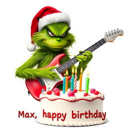 A grumpy Grinch with a green furry body, wearing a red Santa hat, is playing an electric guitar with a focused expression