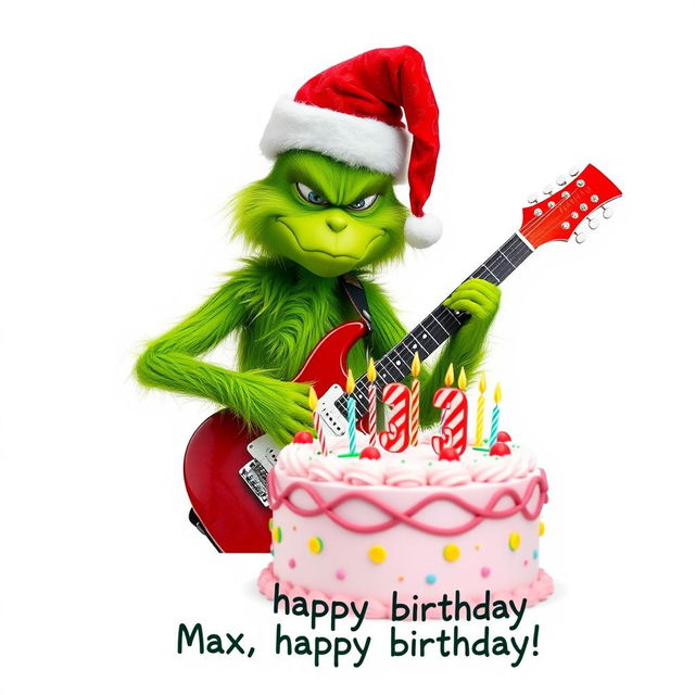 A grumpy Grinch with a green furry body, wearing a red Santa hat, is playing an electric guitar with a focused expression