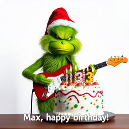 A grumpy Grinch with a green furry body, wearing a red Santa hat, is playing an electric guitar with a focused expression