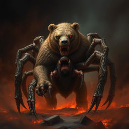 A monstrous hybrid creature that combines the features of a bear and a spider, featuring a muscular body resembling that of a bear, covered in a mix of dense fur and a chitinous spider-like exoskeleton