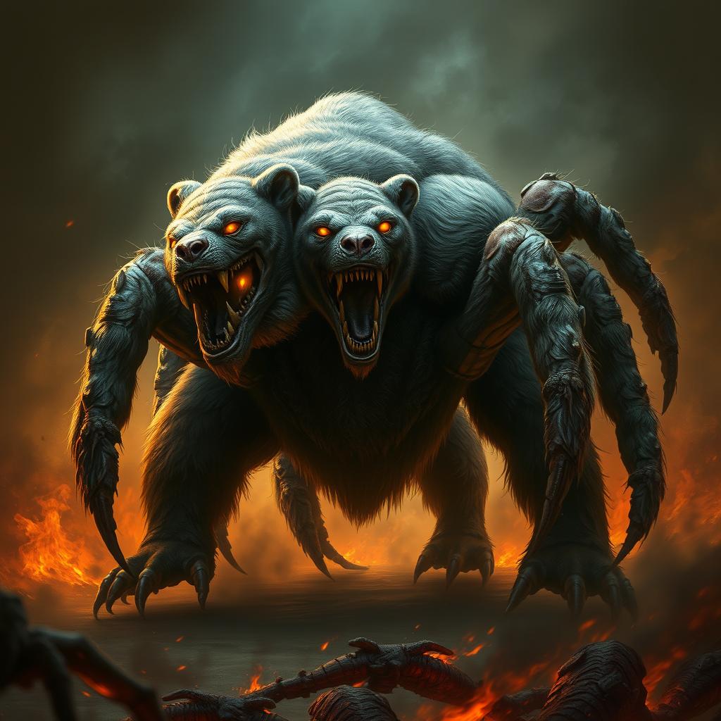 A monstrous hybrid creature that combines the features of a bear and a spider, featuring a muscular body resembling that of a bear, covered in a mix of dense fur and a chitinous spider-like exoskeleton