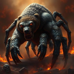 A monstrous hybrid creature that combines the features of a bear and a spider, featuring a muscular body resembling that of a bear, covered in a mix of dense fur and a chitinous spider-like exoskeleton