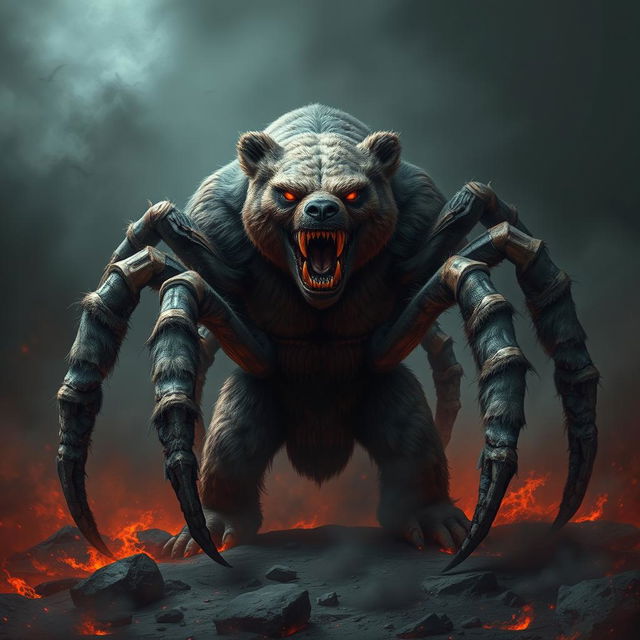 A monstrous hybrid creature that combines the features of a bear and a spider, featuring a muscular body resembling that of a bear, covered in a mix of dense fur and a chitinous spider-like exoskeleton