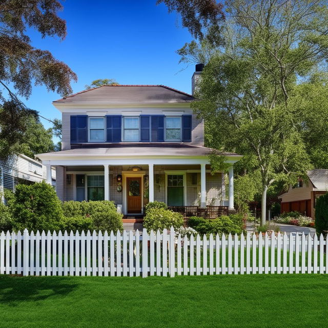 A vibrant, cozy, and welcoming family house with a neatly manicured green lawn and a picturesque white picket fence, located on a peaceful suburban street.