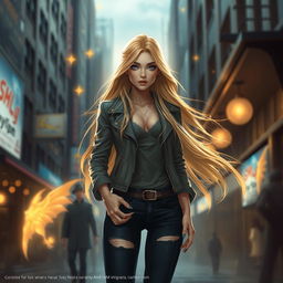 A stunning urban fantasy character design featuring a beautiful 30-year-old woman with long flowing blonde hair and striking blue eyes