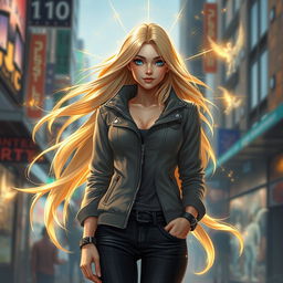 A stunning urban fantasy character design featuring a beautiful 30-year-old woman with long flowing blonde hair and striking blue eyes
