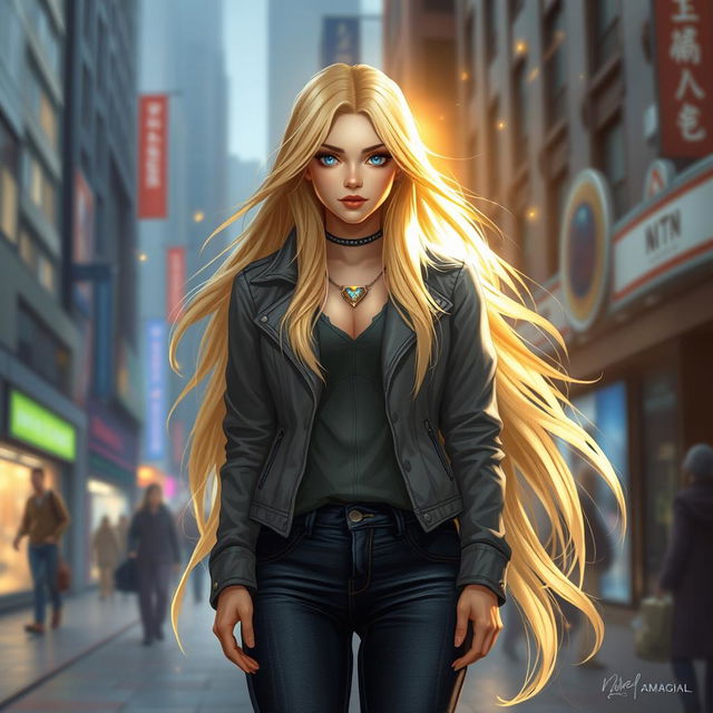 A stunning urban fantasy character design featuring a beautiful 30-year-old woman with long flowing blonde hair and striking blue eyes