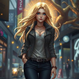A stunning urban fantasy character design featuring a beautiful 30-year-old woman with long flowing blonde hair and striking blue eyes