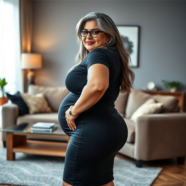 A plus-size dusky Indian mature woman, 50 years old, with long grey hair and glasses, exuding sensuality in a contemporary living room