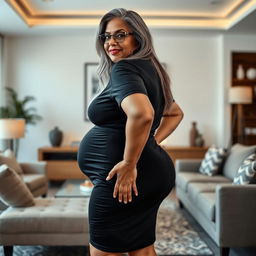 A plus-size dusky Indian mature woman, 50 years old, with long grey hair and glasses, exuding sensuality in a contemporary living room