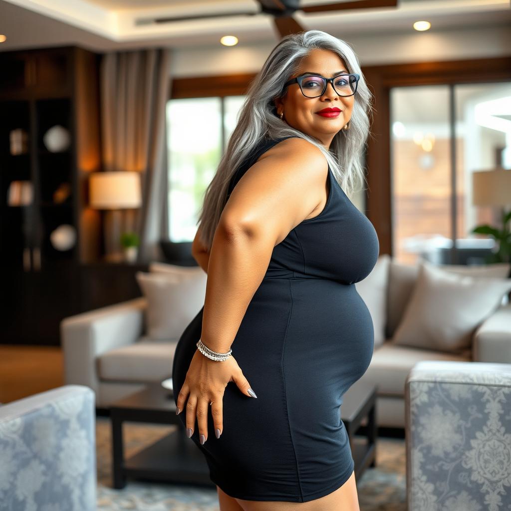 A plus-size dusky Indian mature woman, 50 years old, with long grey hair and glasses, exuding sensuality in a contemporary living room