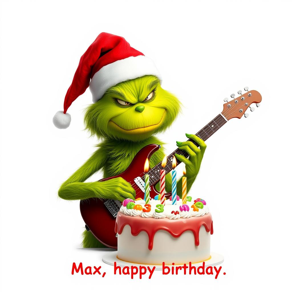 A grumpy Grinch with a green furry body, wearing a red Santa hat, is depicted playing an electric guitar with a frustrated and focused expression