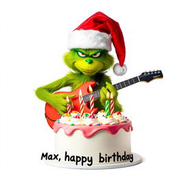 A grumpy Grinch with a green furry body, wearing a red Santa hat, is depicted playing an electric guitar with a frustrated and focused expression