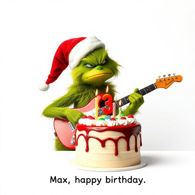 A grumpy Grinch with a green furry body, wearing a red Santa hat, is depicted playing an electric guitar with a frustrated and focused expression