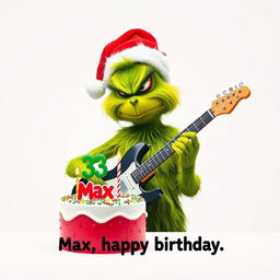 A grumpy Grinch with a green furry body, wearing a red Santa hat, is depicted playing an electric guitar with a frustrated and focused expression
