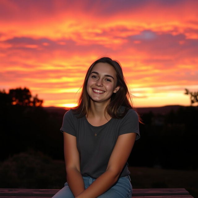 A wide shot of a young woman named Emma sitting on a wooden bench, watching a stunning sunset