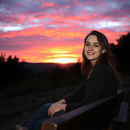 A wide shot of a young woman named Emma sitting on a wooden bench, watching a stunning sunset