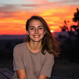 A wide shot of a young woman named Emma sitting on a wooden bench, watching a stunning sunset