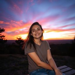 A wide shot of a young woman named Emma sitting on a wooden bench, watching a stunning sunset