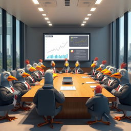 A lively and humorous scene featuring 3D cartoon human-like pigeons gathered around a large conference table in a board meeting setting